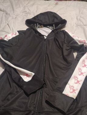 Black Hooded Zip Puffer Jacket with Pink Floral Trim